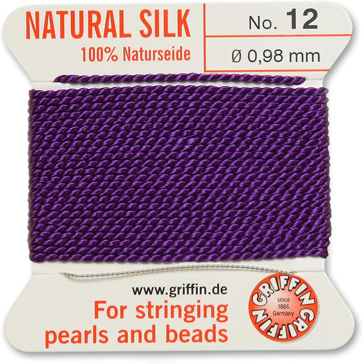 Griffin Silk Bead Cord Perlseide – Size 12 (0.98mm) – 2 Meters per Card – Stainless Steel Needle Attached – for Knotting Pearls, Gemstones, Crystals and Beads